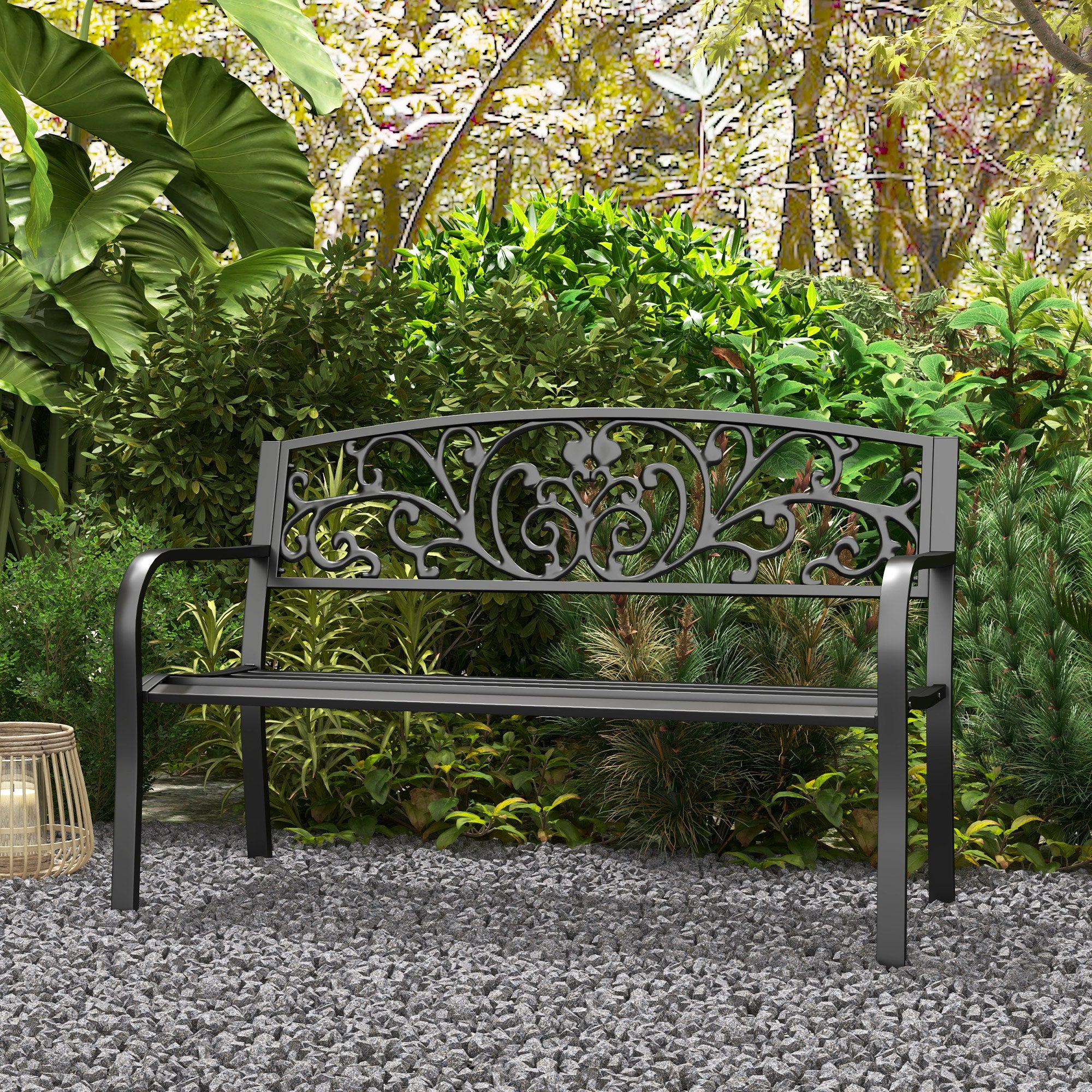 Metal Garden Bench with Decorated Backrest, 127x60x87cm - Black