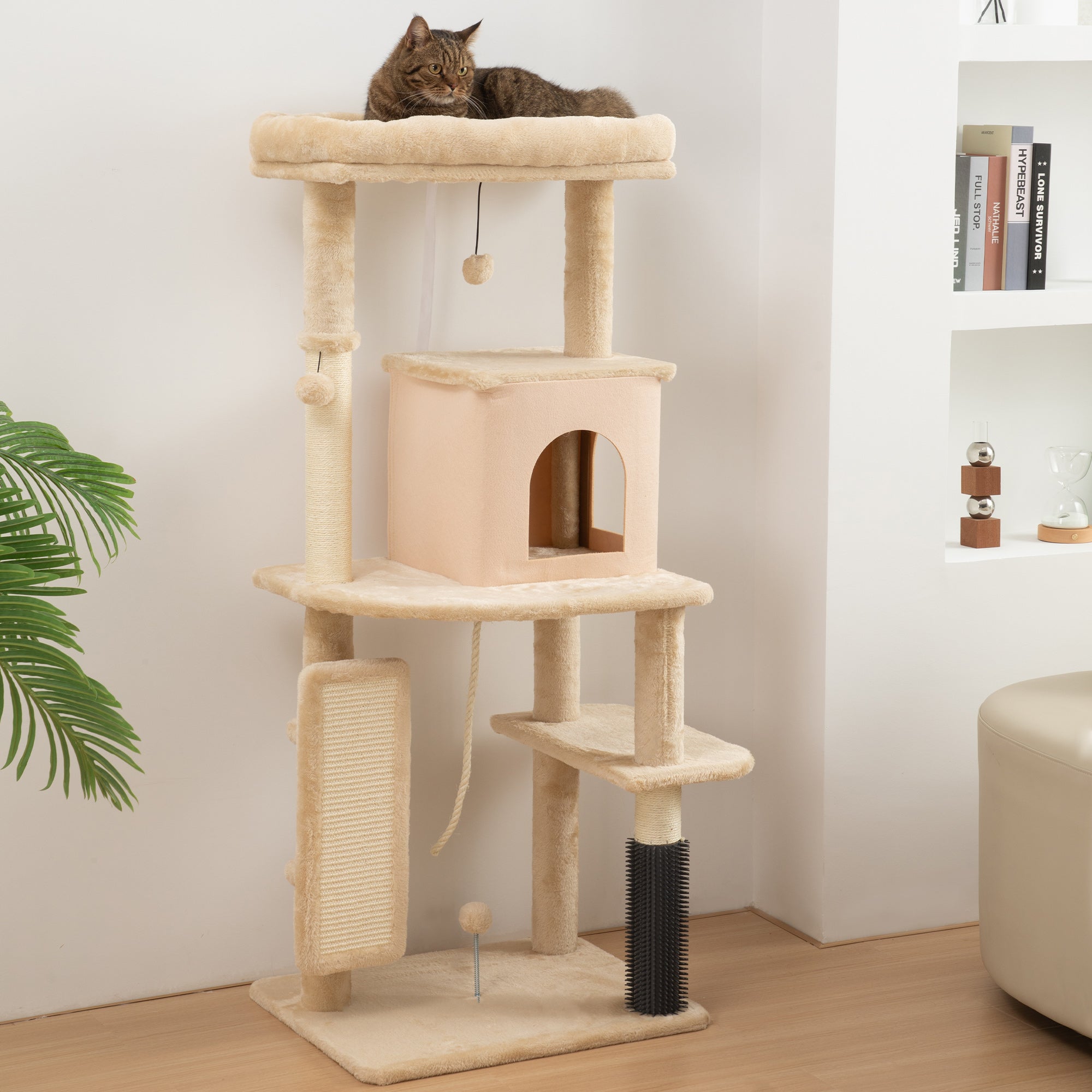 Multi-Level Cat Tree, 132 cm Tall, with House, Bed, Scratching Posts, Brush and Ball, Beige