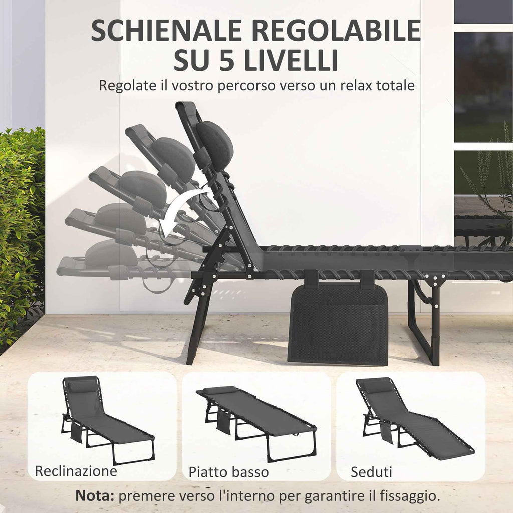 Outsunny Folding Garden Lounger with 5-Position Reclining Backrest and Cushion, 185x58x30cm, Black