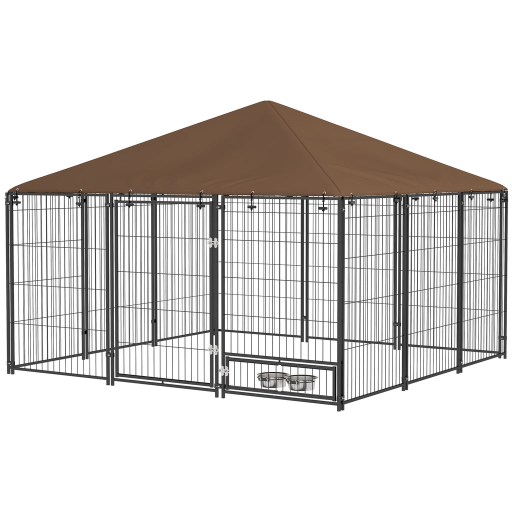 Dog Run in Metal and Oxford Fabric with Door for Bowls, 211x211x151 cm, Black and Brown - Borgè