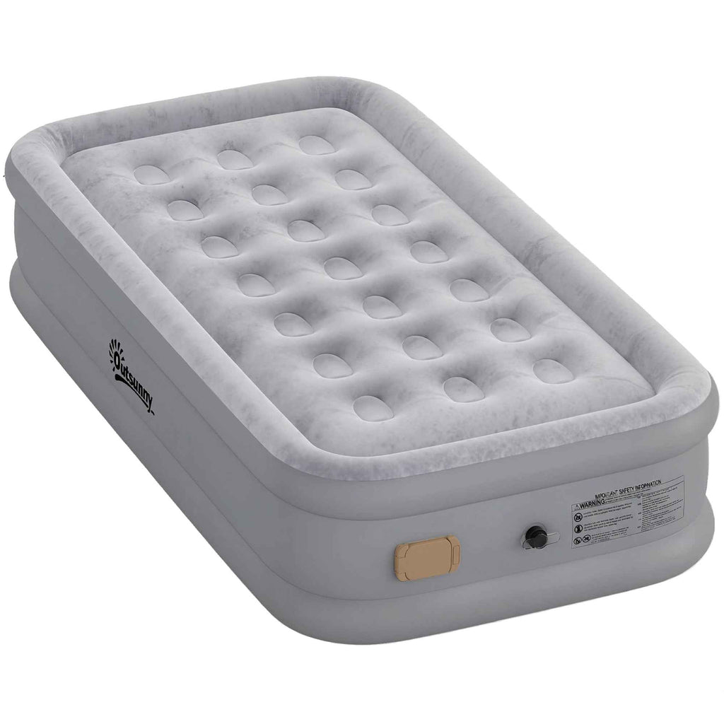 Outsunny Self-Inflating Single Mattress, Flocked Surface, with Inflation Pump and Carry Bag, Grey