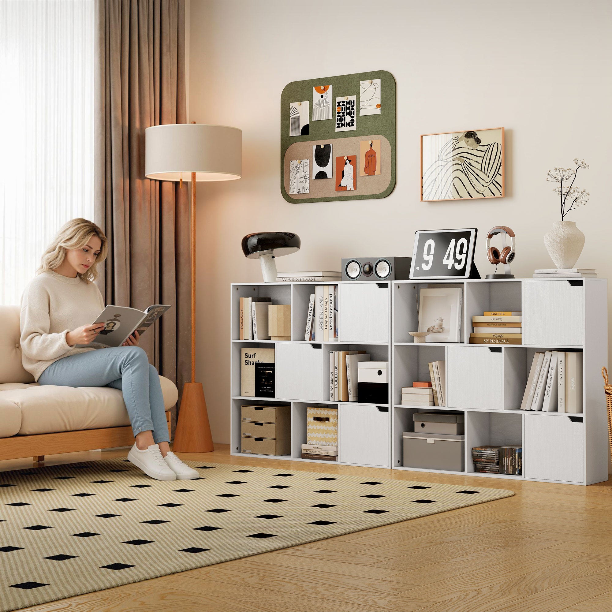 Cube Bookcase with 6 Open and 3 Closed Sections, White Wood, 106x24x95 cm