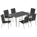 Outsunny 7-Piece Outdoor Set with 6 Stackable Texteline Chairs and Glass-Top Coffee Table, Black and Silver