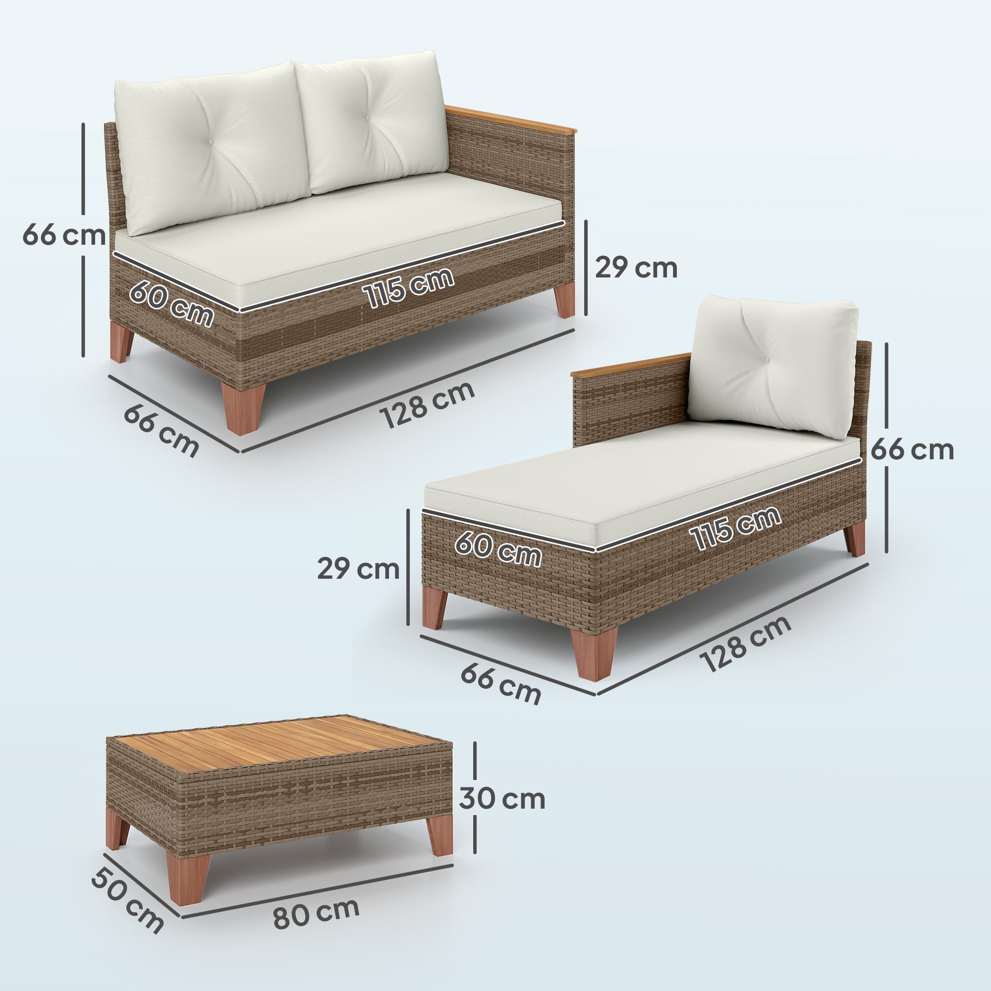 PE Rattan Garden Lounge with 2-Seater Sofa, Chaise Longue and Coffee Table, Cream