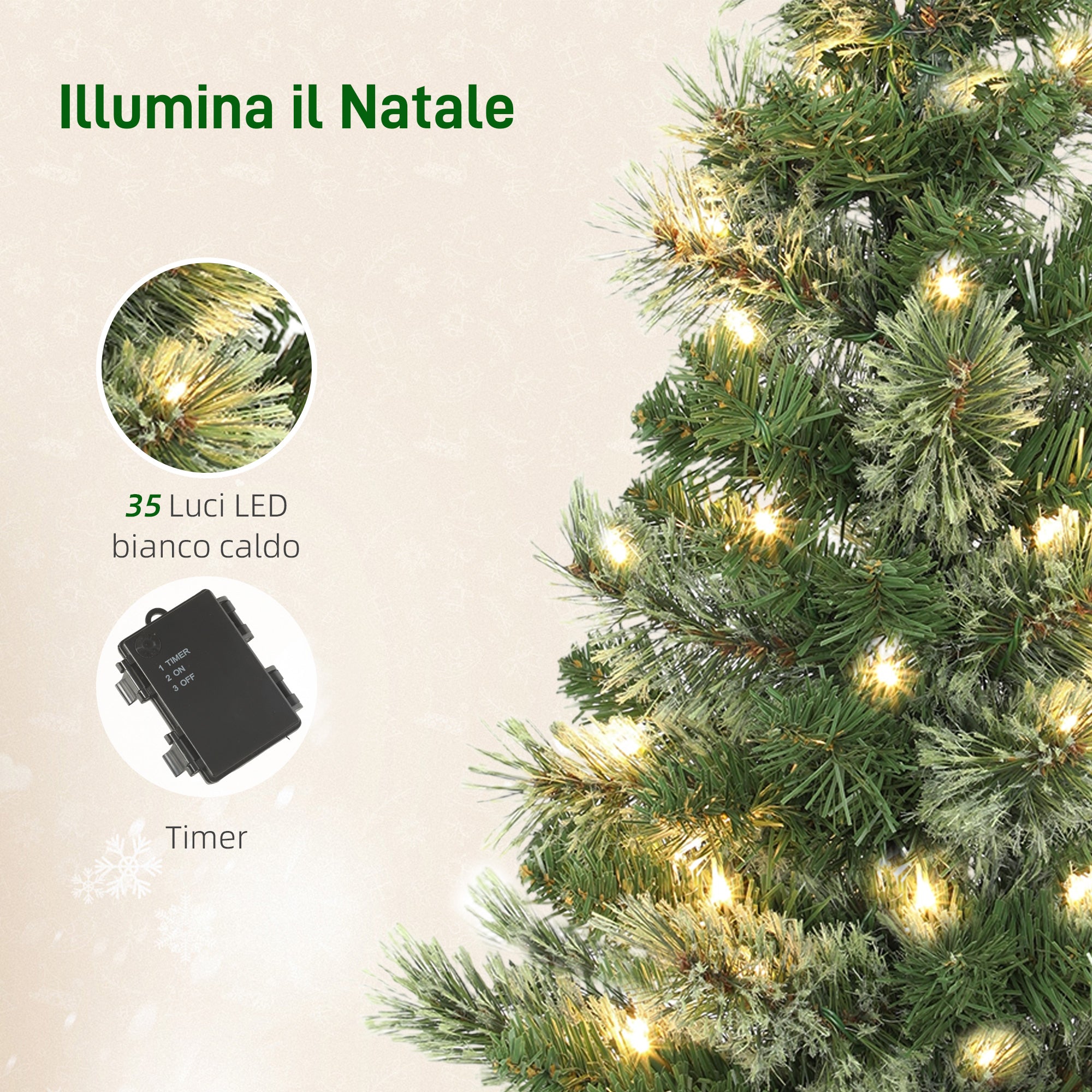 60cm Tall Small Christmas Tree with 35 White LED Lights, 68 Thick and Fireproof Branches