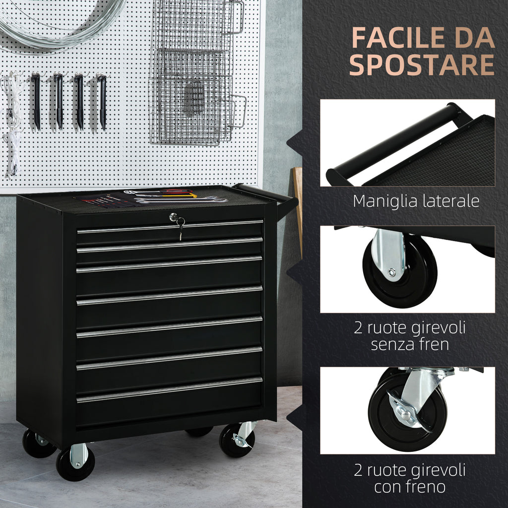 Workshop Trolley with 7 Drawers, Lock with Keys, Wheels and Handle, 69x33x75cm, Black