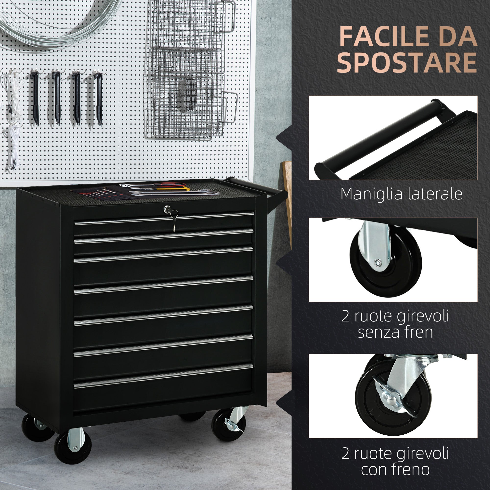 Workshop Trolley with 7 Drawers, Lock with Keys, Wheels and Handle, 69x33x75cm, Black