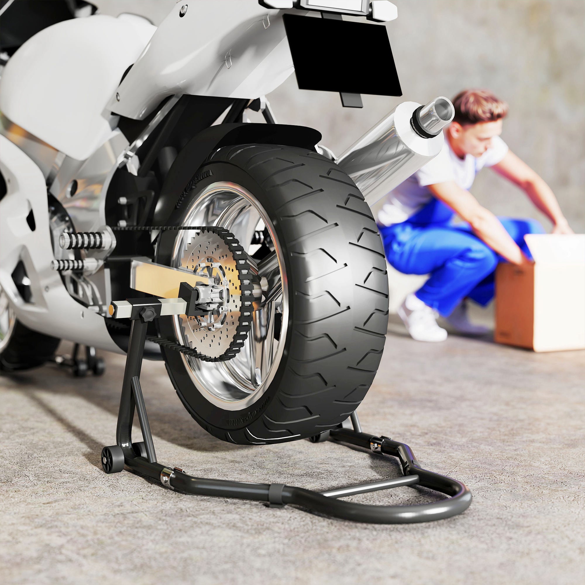 Set of 2 Adjustable Steel Triangle Motorcycle Stands with Wheels and U and L Forks, Black