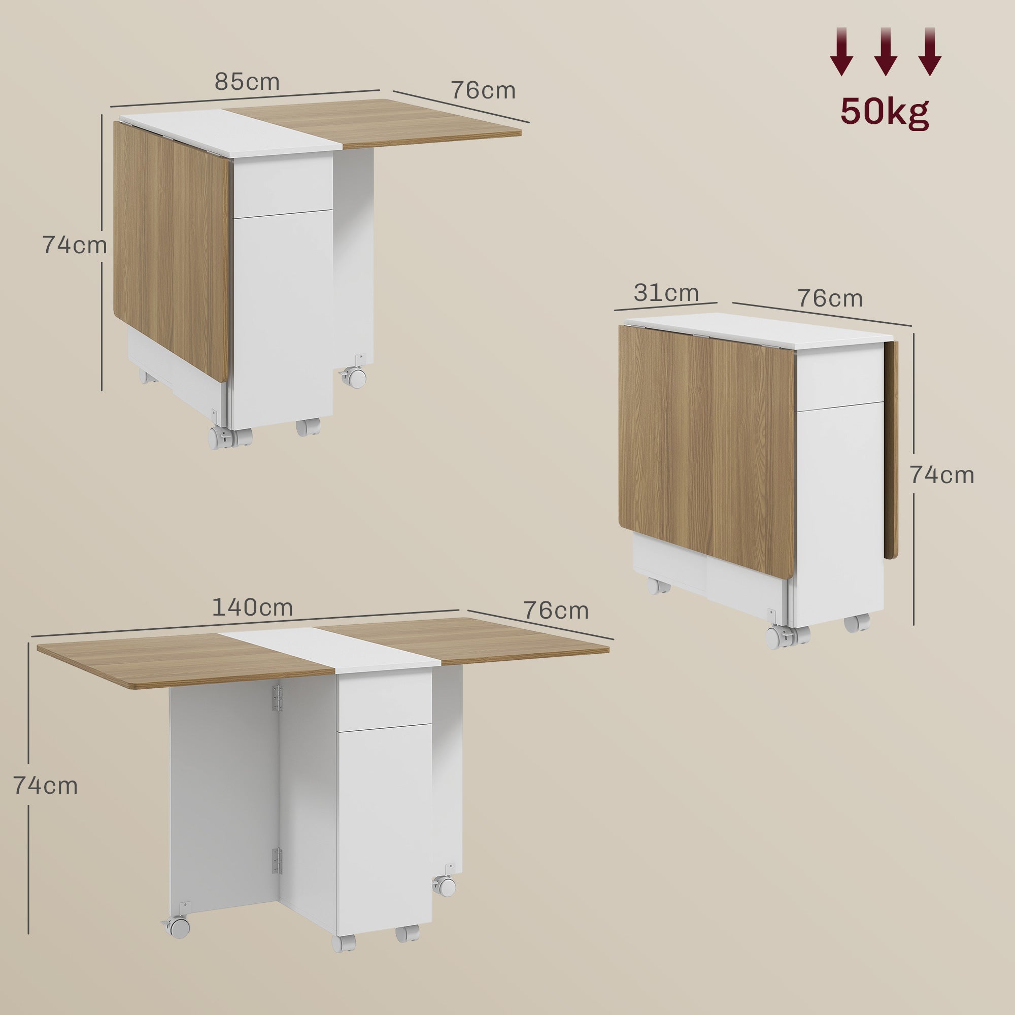 Extendable Rectangular Table with 2 Drawers and a Wooden Cabinet, 140x76x74 cm, White and Wood Color