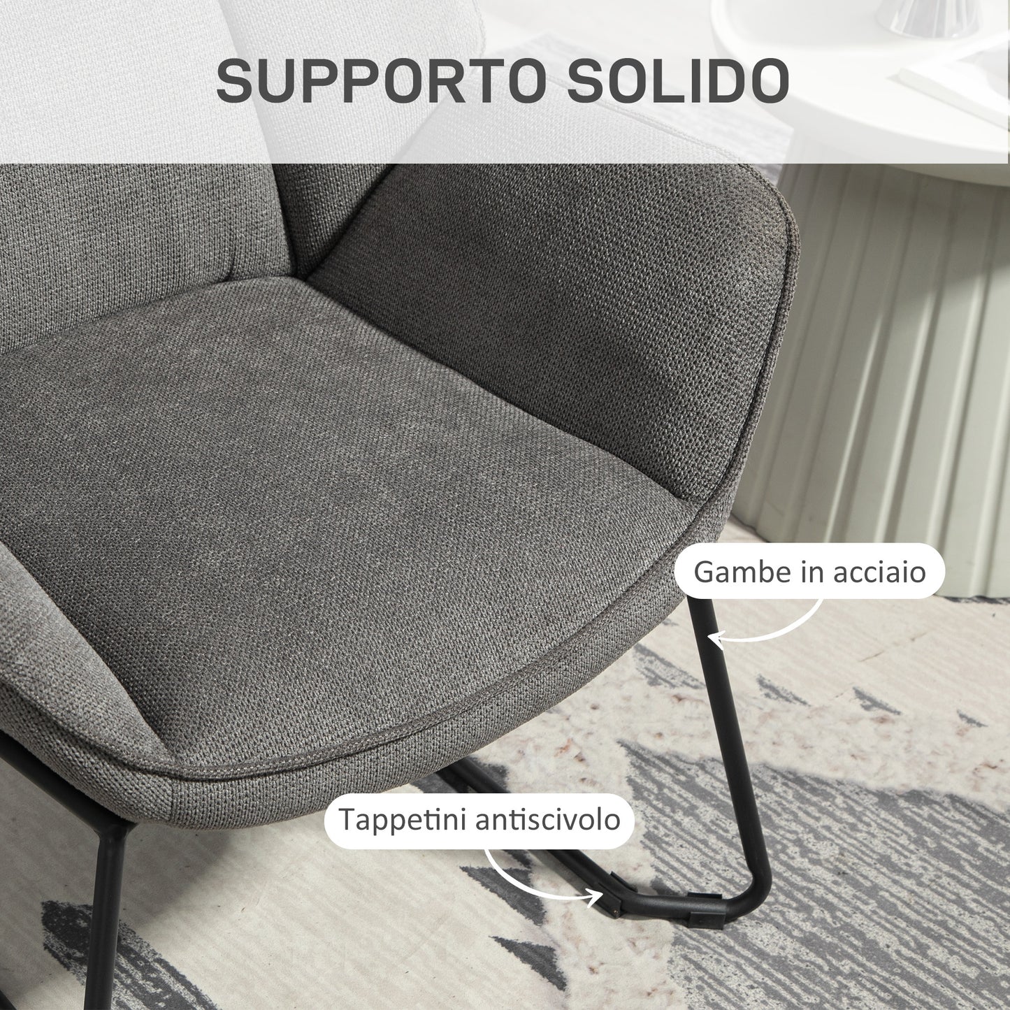 Armchair with Slanted Armrests, in Linen Effect Fabric and Steel, 71.5x67x79 cm, Grey