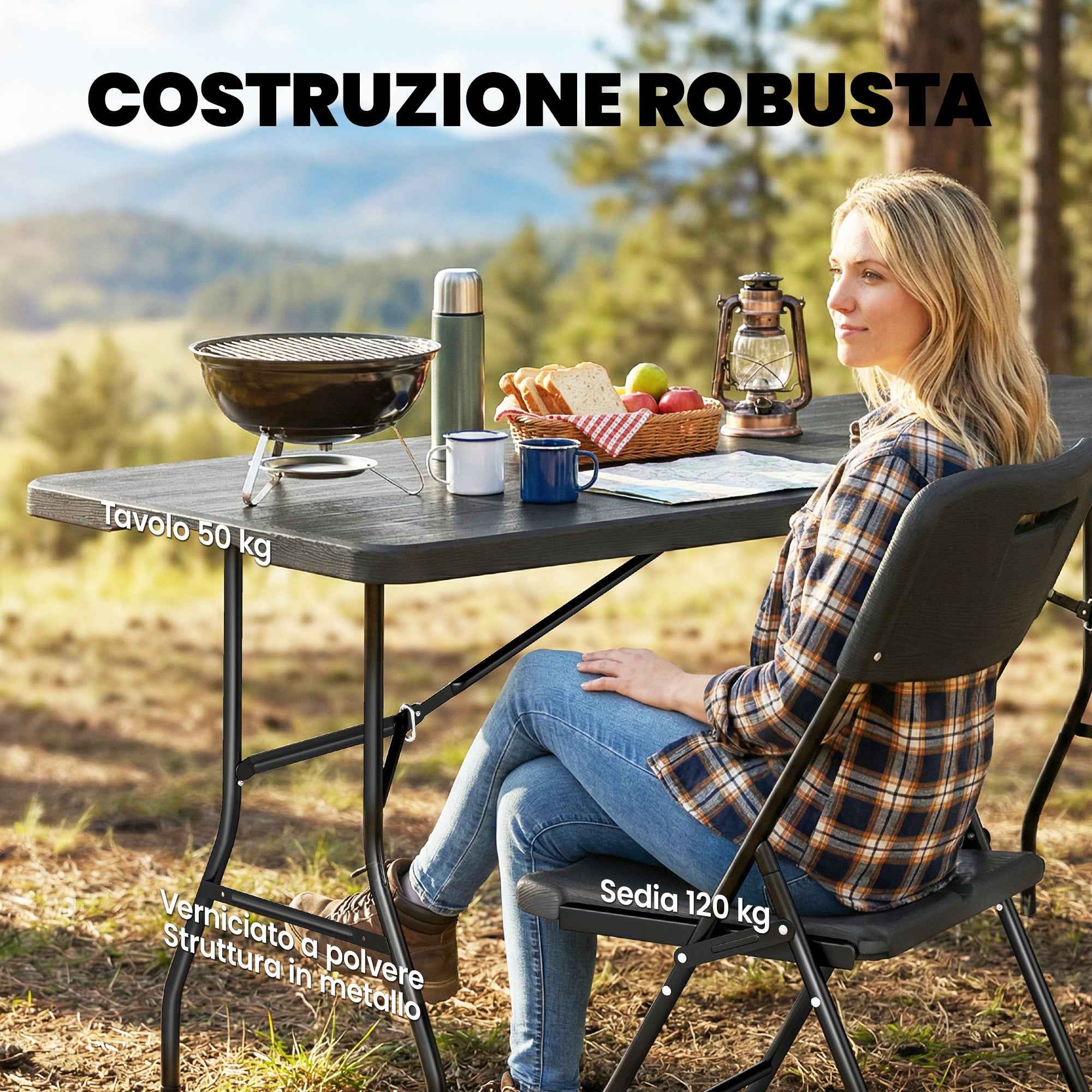 Outsunny 5-Piece Camping Table and Chair Set with Folding Table and 4 Chairs, in HDPE and Black Metal