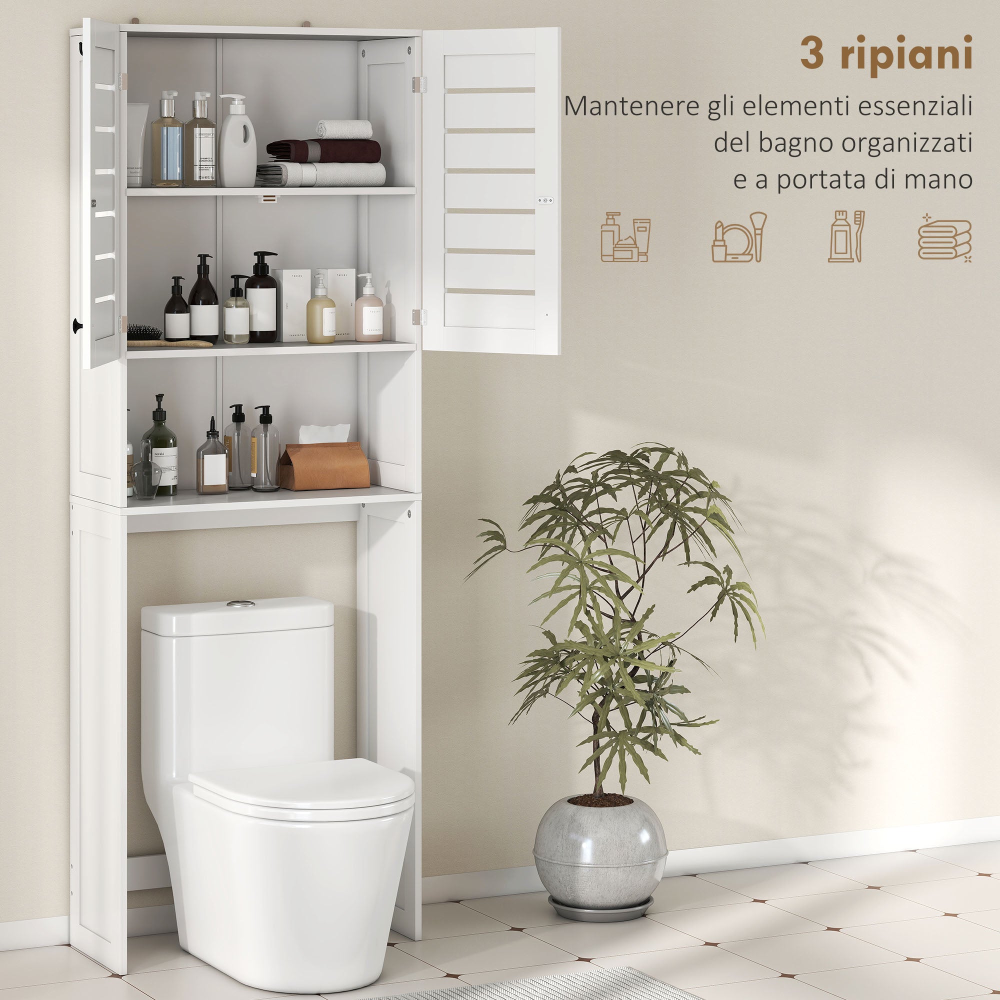Over Toilet Cabinet with 2 Doors and Open Shelf, White Wood, 67x31.5x190 cm