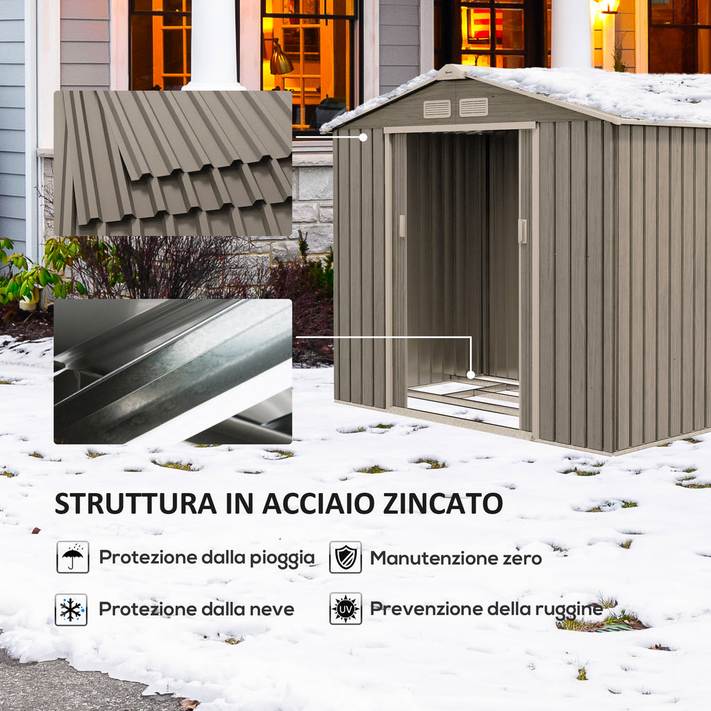 Metal Garden Shed with Vents and Double Sliding Door, 2.1x1.3m, Light Brown