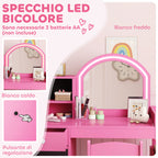 2-in-1 Kids Dressing Table Set with Mirror, Chair, LED Light, Cabinet, Shelves and Bookcase, Pink