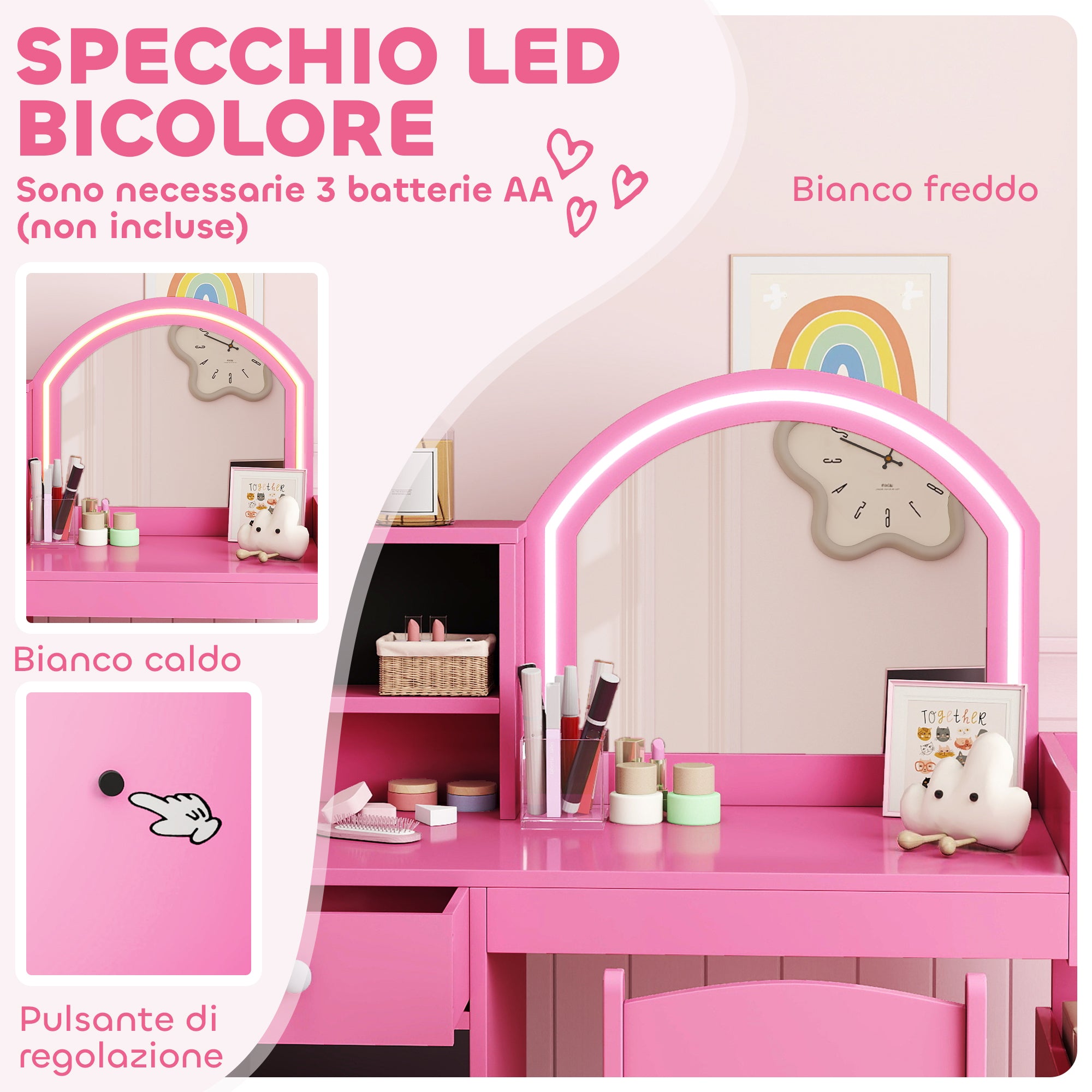 2-in-1 Kids Dressing Table Set with Mirror, Chair, LED Light, Cabinet, Shelves and Bookcase, Pink