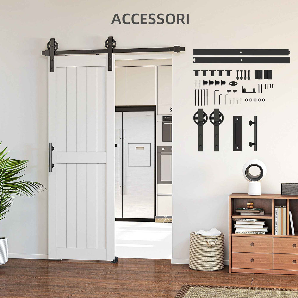 HOMCOM Country Style Sliding Door with Track and Handle in Wood and Steel, 71.5x213.4 cm, Black and White
