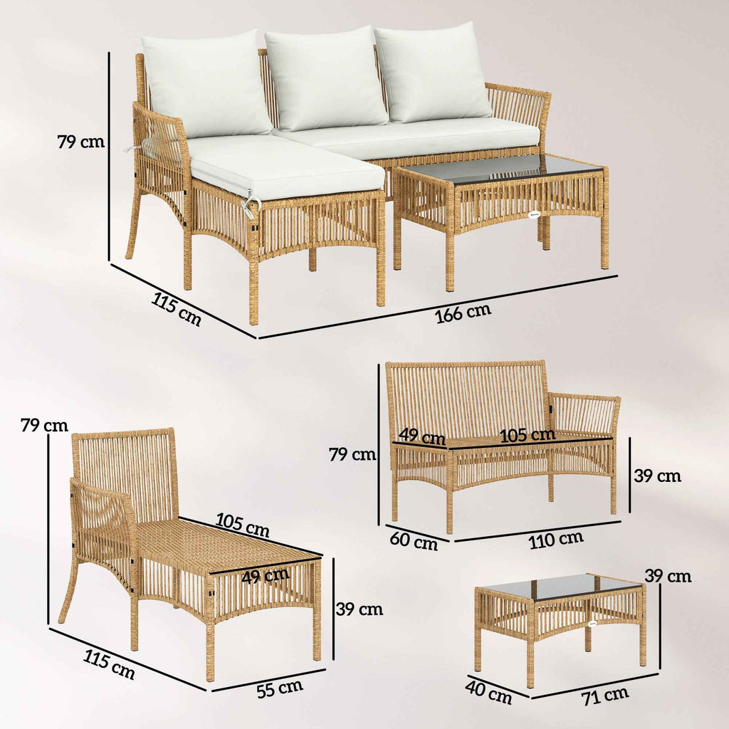 Outsunny 3-Piece Garden Set with Sofa, Chaise Longue and Coffee Table, Steel and PE Rattan, Cream