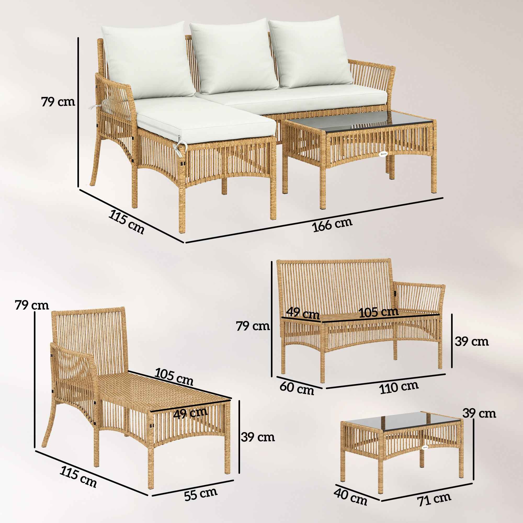 Outsunny 3-Piece Garden Set with Sofa, Chaise Longue and Coffee Table, Steel and PE Rattan, Cream