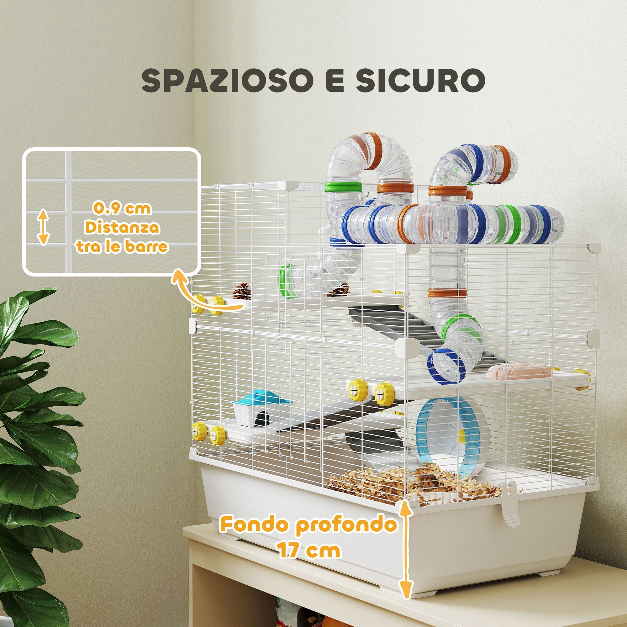 4-Tier Hamster Cage with Tubes, Wheel, 3 Doors and Tray, in Metal, PP and PS, 78x45x73 cm, White