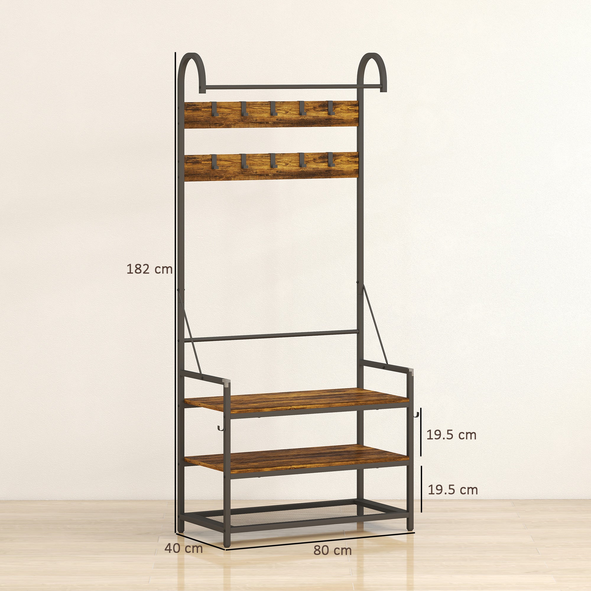 Hallway Coat Rack with 10 Hooks, Bench and Shoe Rack, Wood and Metal, 80x40x182 cm, Brown and Black