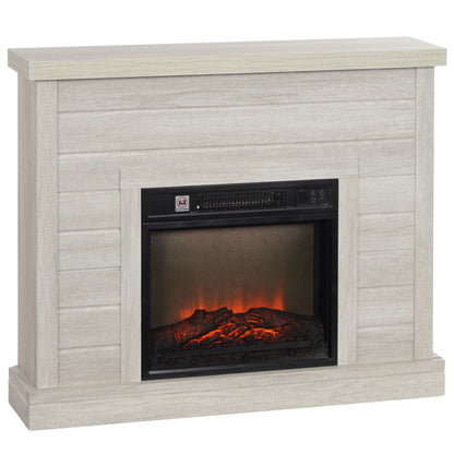 Electric Fireplace 1800W with Flame Effect and Remote Control, in Wood, Metal and Glass, 96.5x22x81.7 cm, Light Grey