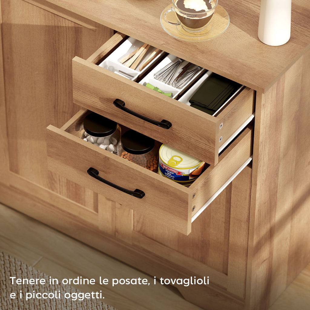 Kitchen Cabinet with 2 Drawers and 3 Cabinets, Adjustable Shelves, 120x38x79 cm, Oak