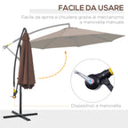 Outdoor Umbrella Ø3x2.5 m with Cross Base and Crank, in Steel and Polyester, Coffee Color