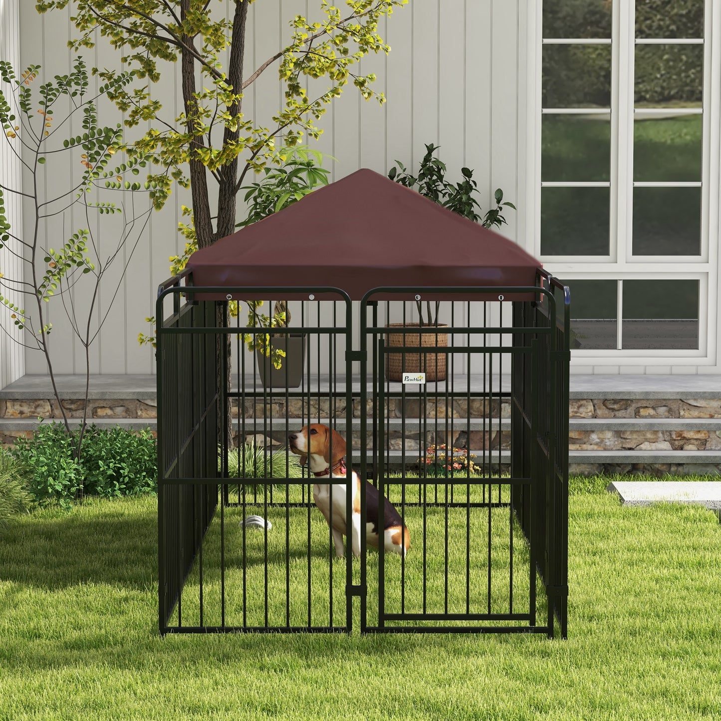 Pawhut Fence for Outdoor Dogs in Metal with Roof, 282x141x159cm, brown - Borgè