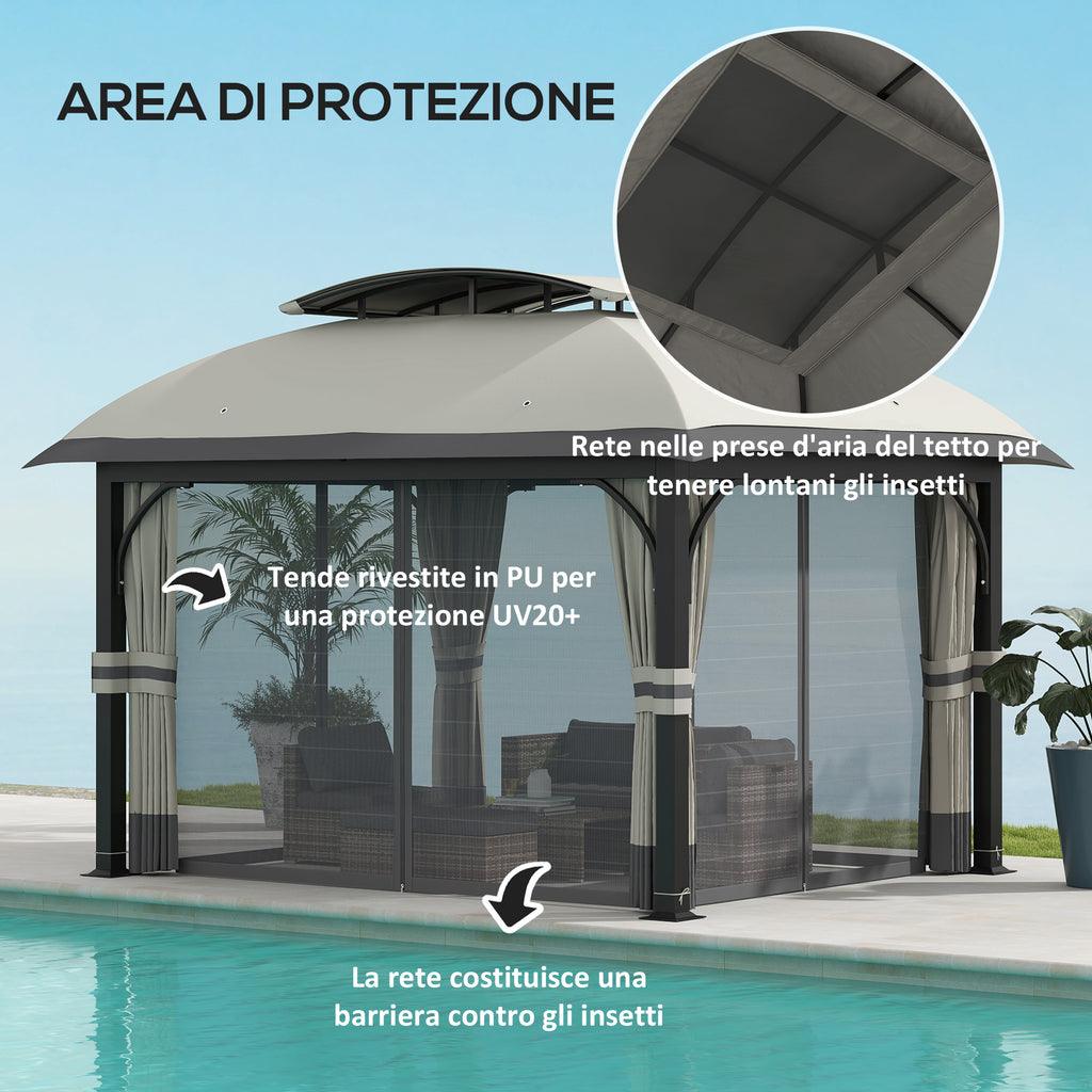 Garden Gazebo 4x3 m with Mosquito Nets and Double Roof, in Metal and Light Gray Polyester