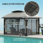 Garden Gazebo 4x3 m with Mosquito Nets and Double Roof, in Metal and Light Gray Polyester