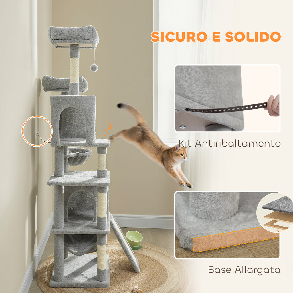 Cat Tree with 2 Cat Houses, 2 Cat Beds, Perch and 2 Balls, 48x40x177 cm, Light Grey and Beige