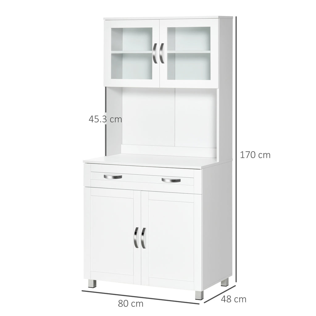 Modern Kitchen Cabinet with 2 Cabinets, Glass Doors and Adjustable Shelves, 80x48x170 cm, White