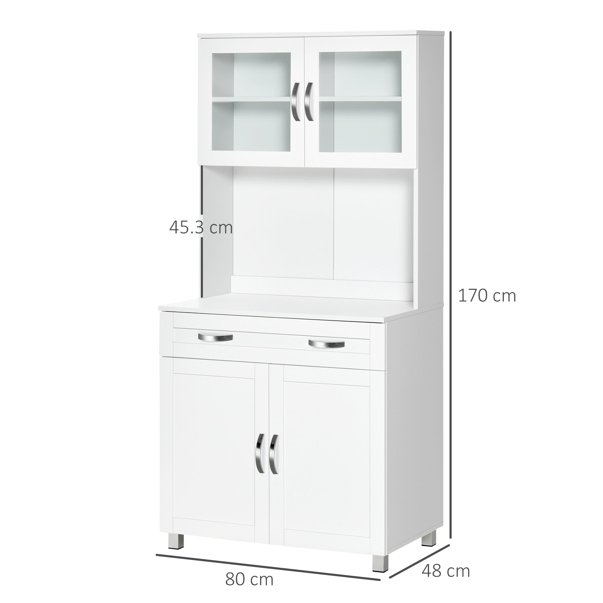 Modern Kitchen Cabinet with 2 Cabinets, Glass Doors and Adjustable Shelves, 80x48x170 cm, White