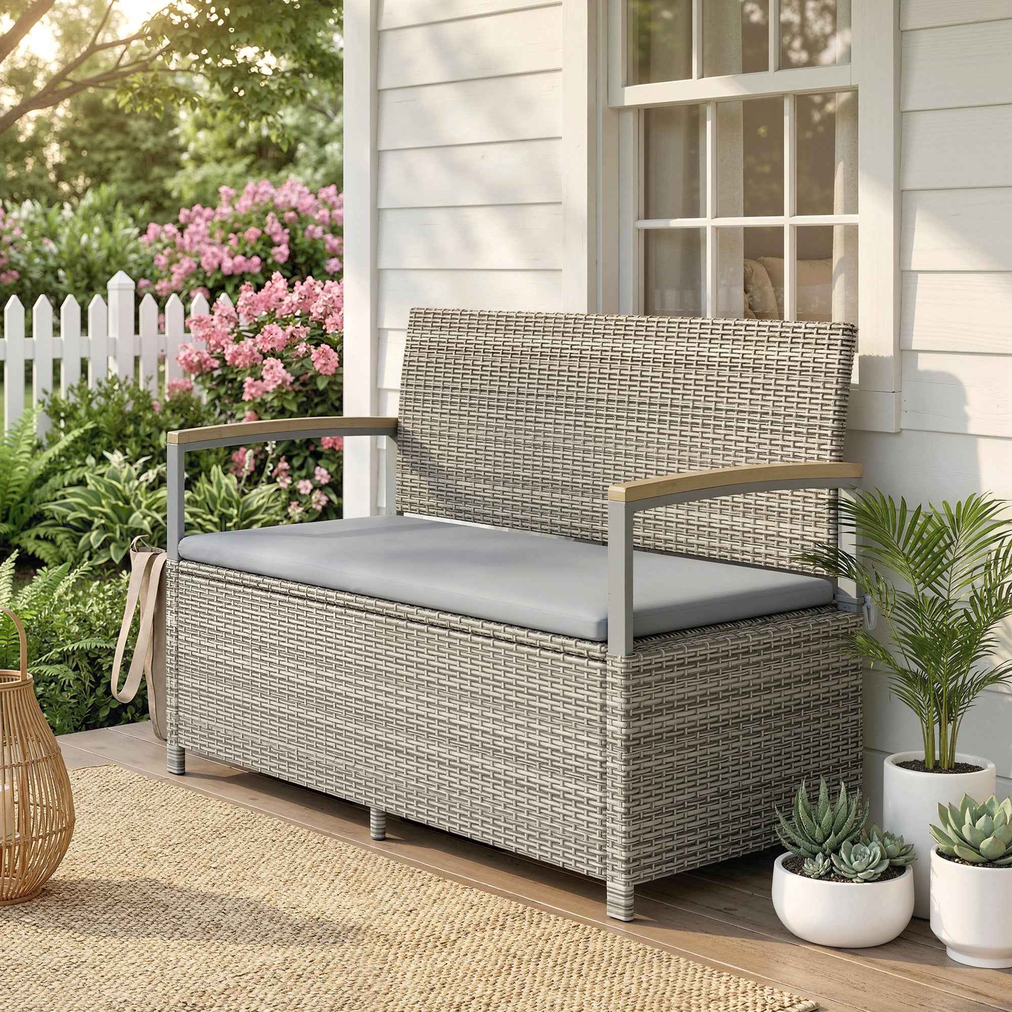 Outsunny 170L Garden Bench, 2 Seater Rattan with Cushion, Light Grey