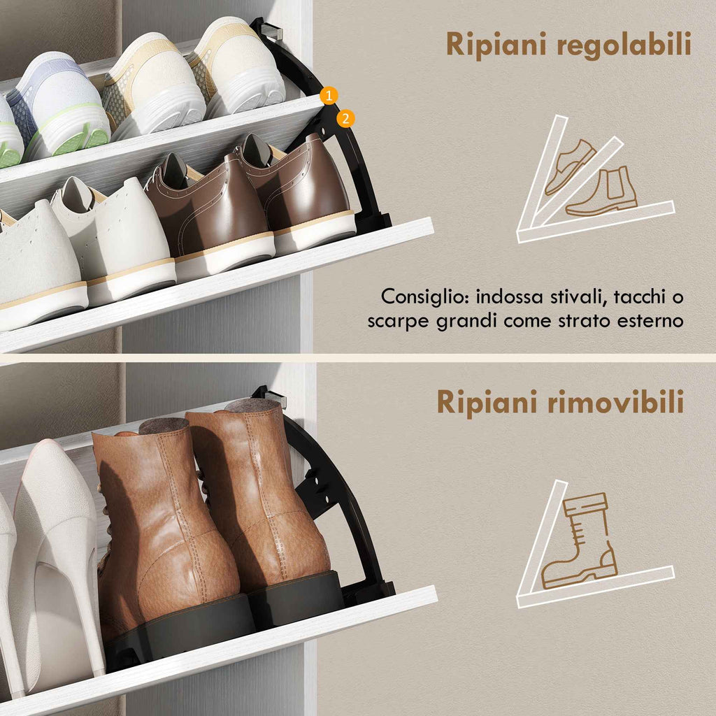 HOMCOM Narrow Shoe Rack with Adjustable Dividers, White