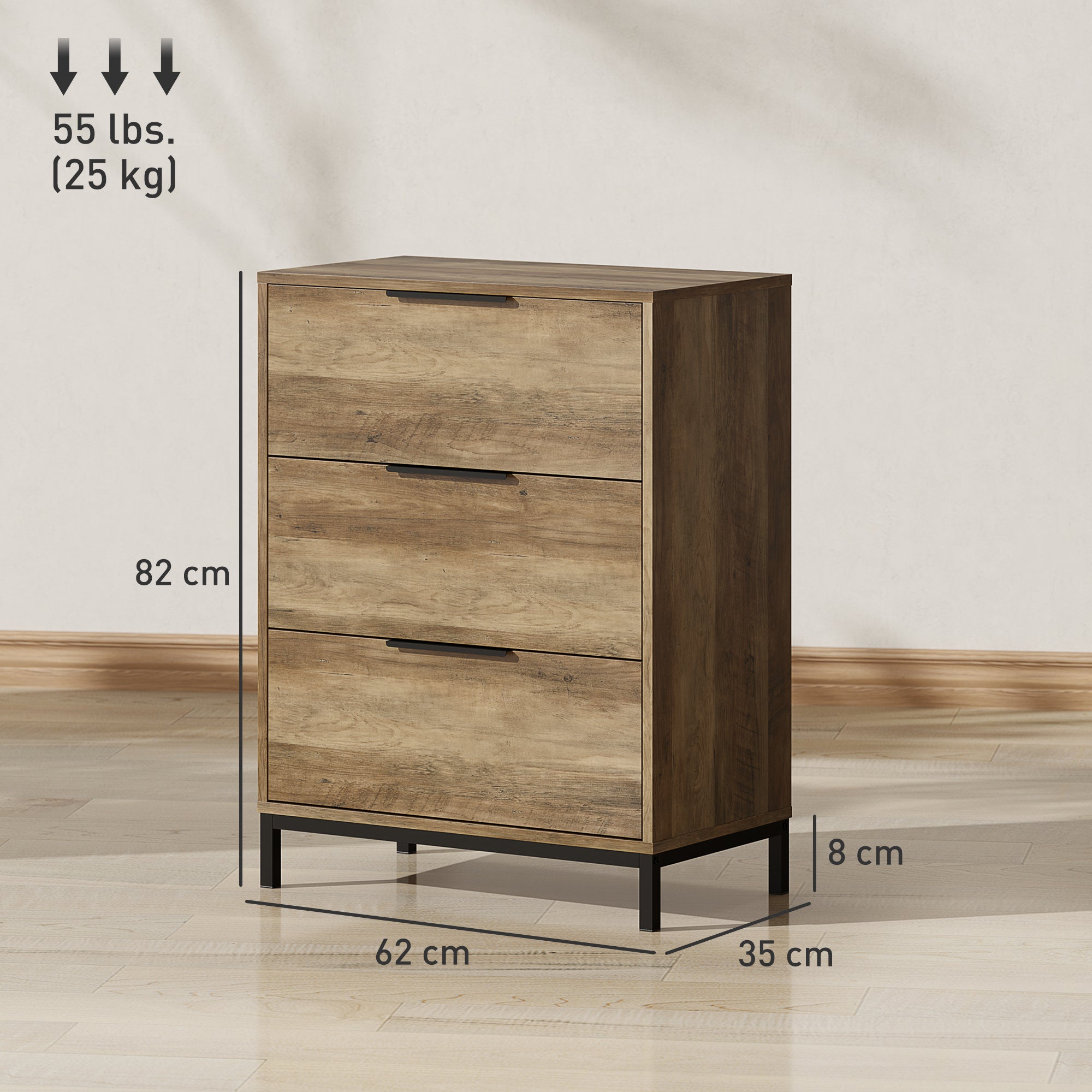 3-Drawer Chest of Drawers Anti-Tip with Black Handles, in Wood and Metal, 62x35x82 cm, Dark Brown