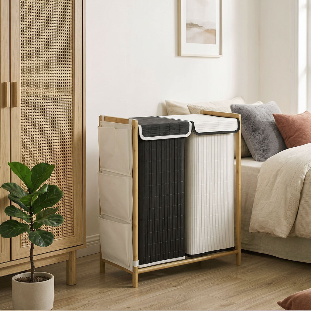 HOMCOM 120L 2-Compartment Laundry Hamper with Lids, Side Pockets, Removable Bags for Bedroom
