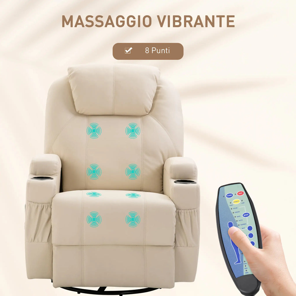 Manual Reclining Massage Chair, Electric Swivel Relax Chair with 2 Cup Holders, Remote Control, Footrest and 4 Side Pockets, in PU Leather, Wood and Steel, Cream
