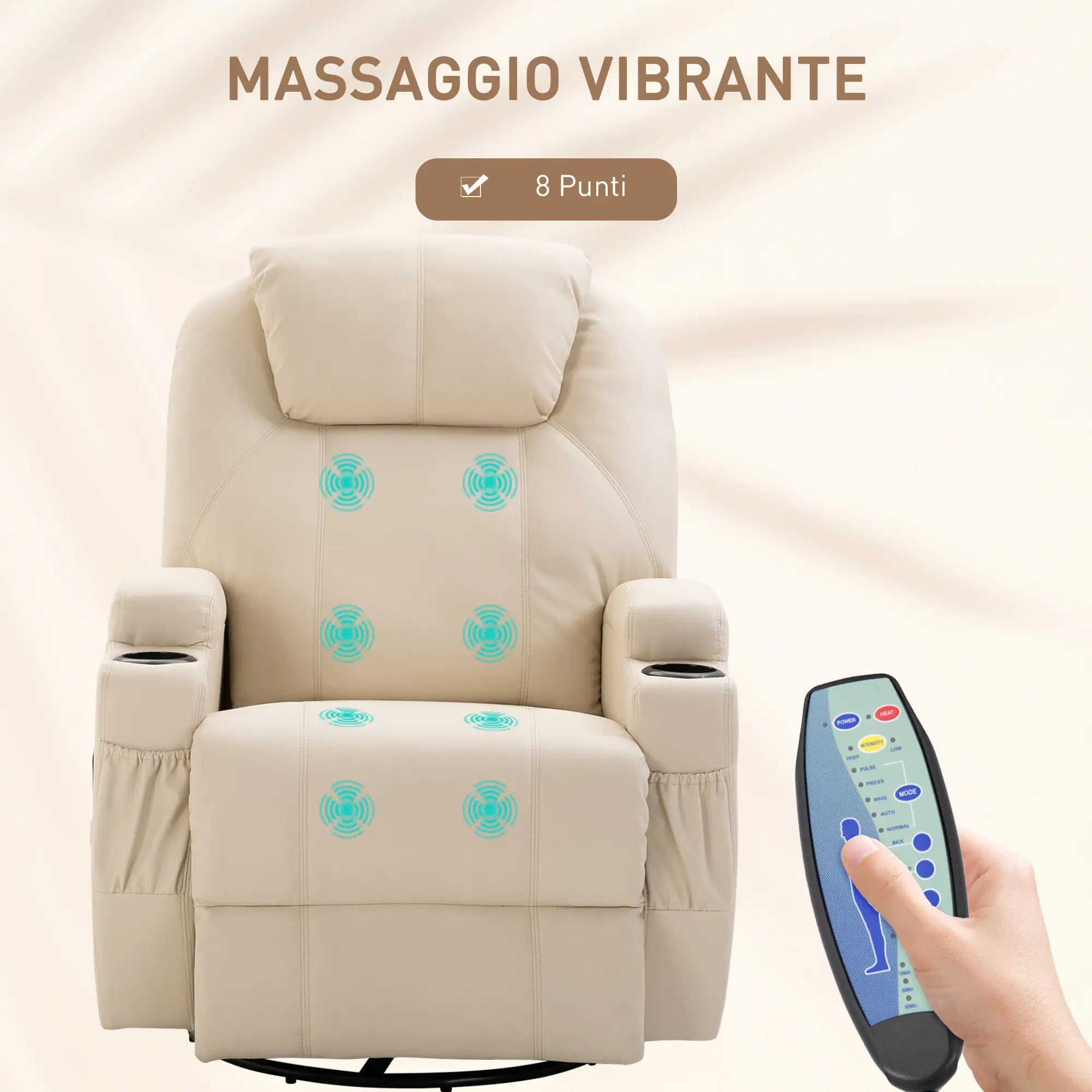 Manual Reclining Massage Chair, Electric Swivel Relax Chair with 2 Cup Holders, Remote Control, Footrest and 4 Side Pockets, in PU Leather, Wood and Steel, Cream
