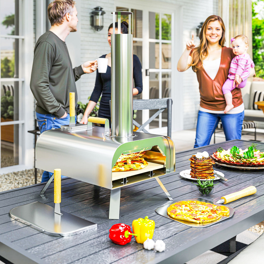 Wood Pellet Pizza Oven with Refractory Stone and Shovel, Stainless Steel, 79x36x75 cm, Silver