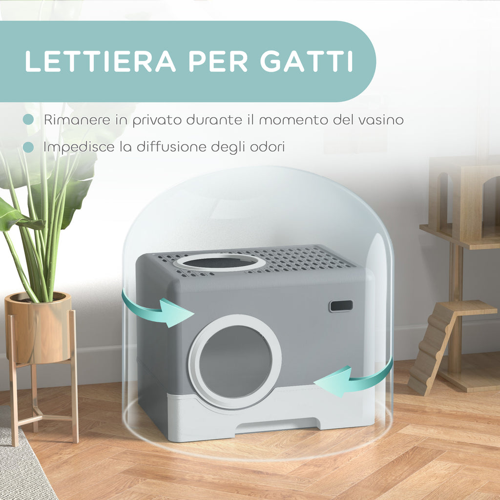 Cat Litter Box with Lid and Scoop, Double Entrance and Removable Tray, 52x41x38.5 cm, Grey