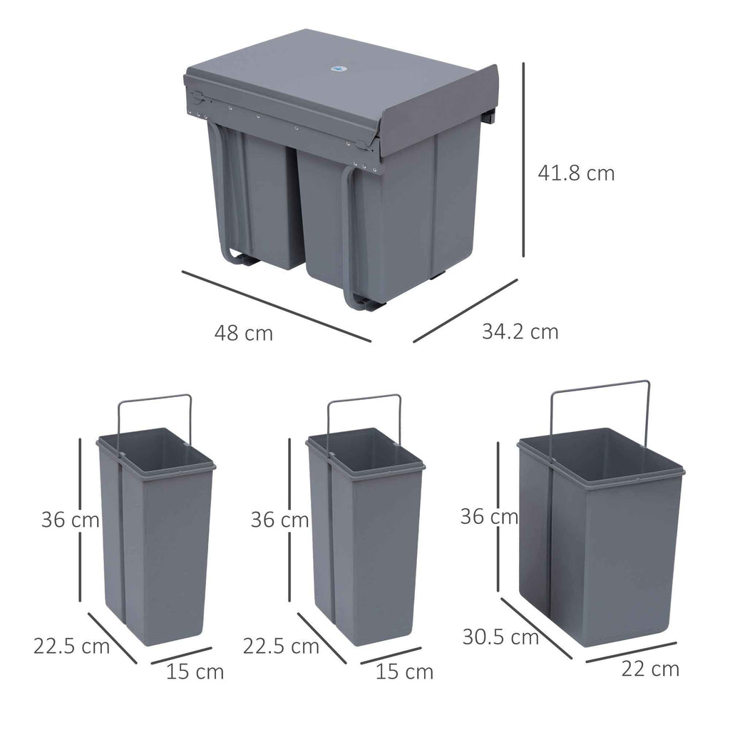 HOMCOM 40L Pull-Out Waste Bin with 3 Recycling Bins, 48 x 34.2 x 41.8 cm, Grey