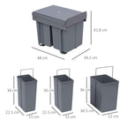 HOMCOM 40L Pull-Out Waste Bin with 3 Recycling Bins, 48 x 34.2 x 41.8 cm, Grey
