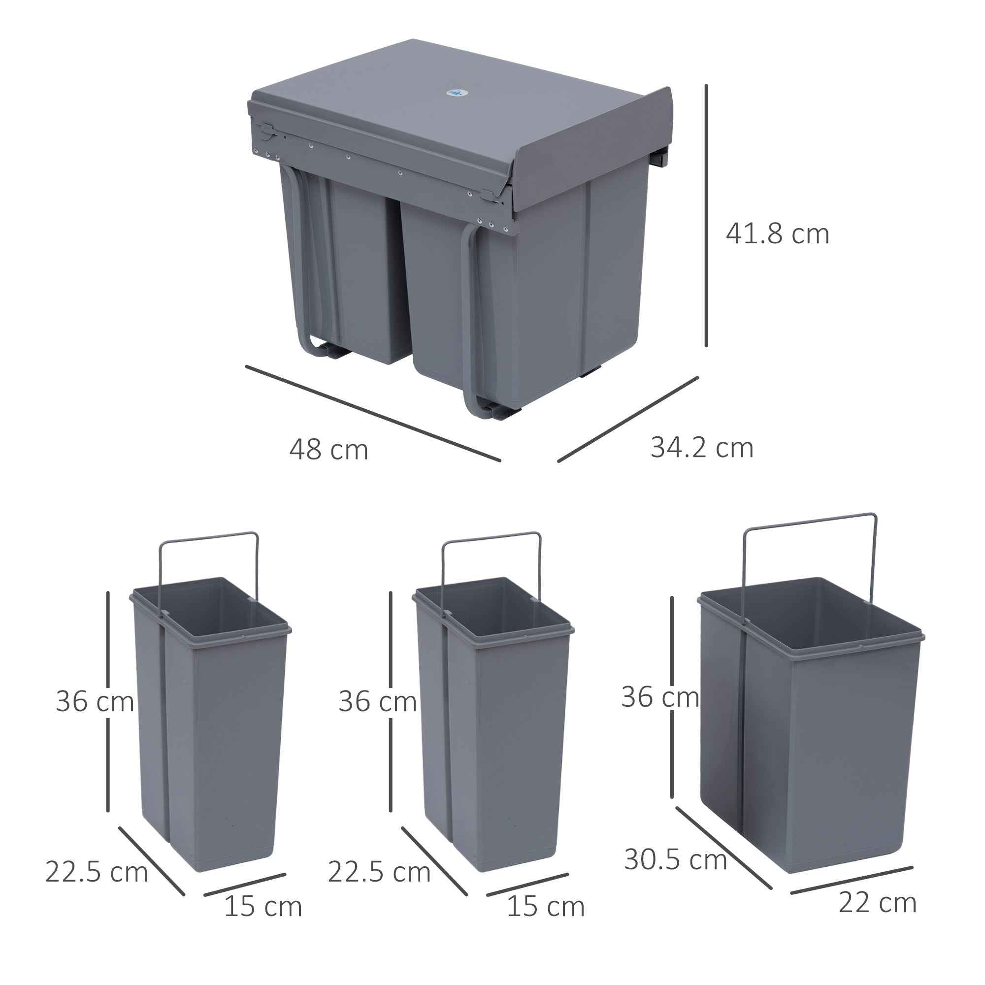 HOMCOM 40L Pull-Out Waste Bin with 3 Recycling Bins, 48 x 34.2 x 41.8 cm, Grey