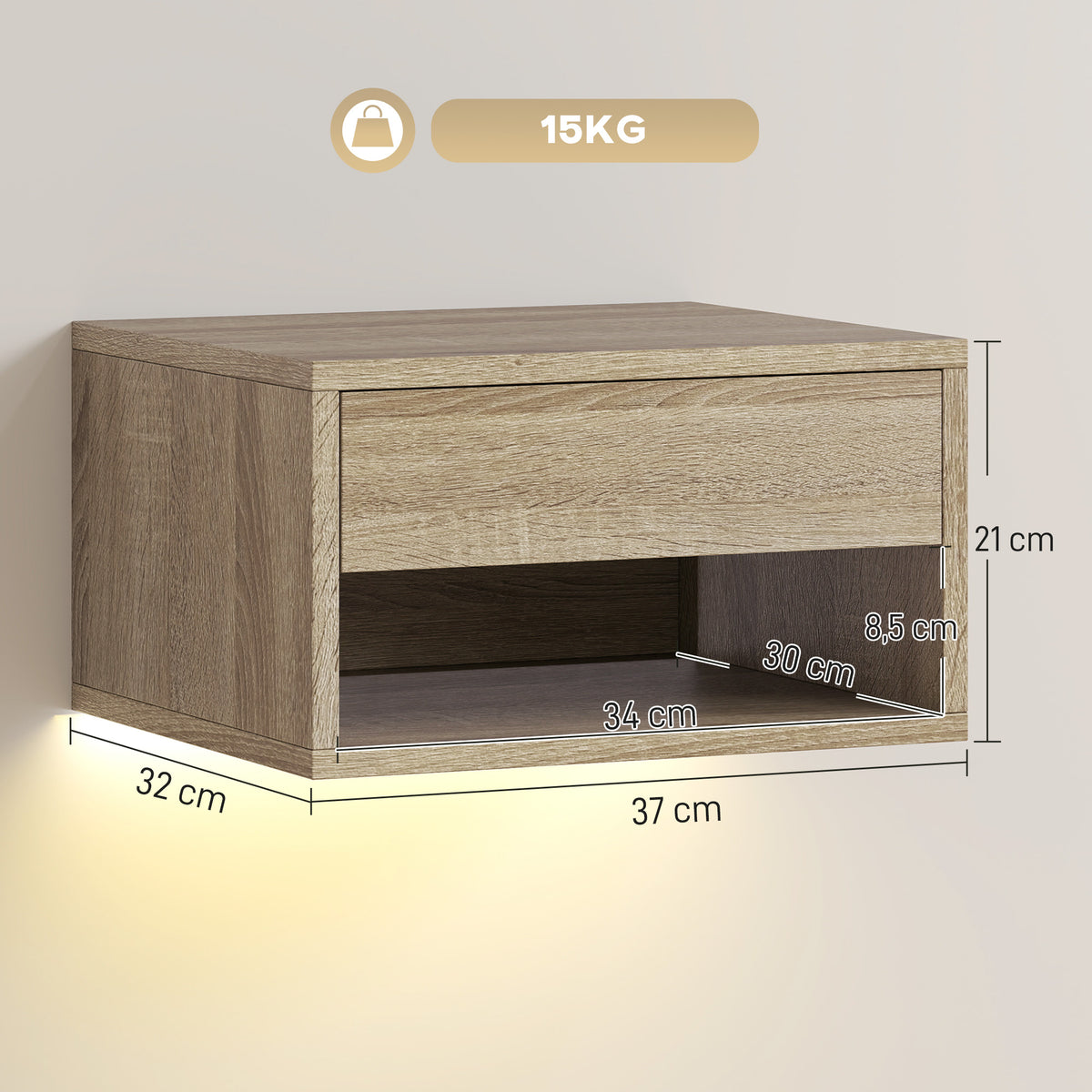 HOMCOM Set of 2 Wall-Mounted Bedside Tables with Built-in RGB LED Lights, Adjustable via APP, Drawer and Shelf, 37x32x21 cm, Wood Color