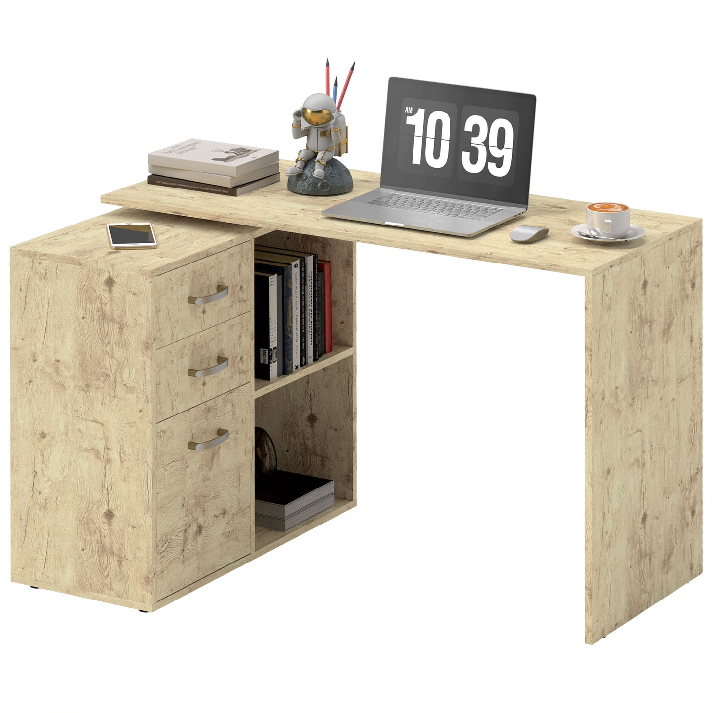 Corner PC Desk with 3 Drawers and Open Shelves, Wood and Metal, 117x83. 5x76 cm, Walnut