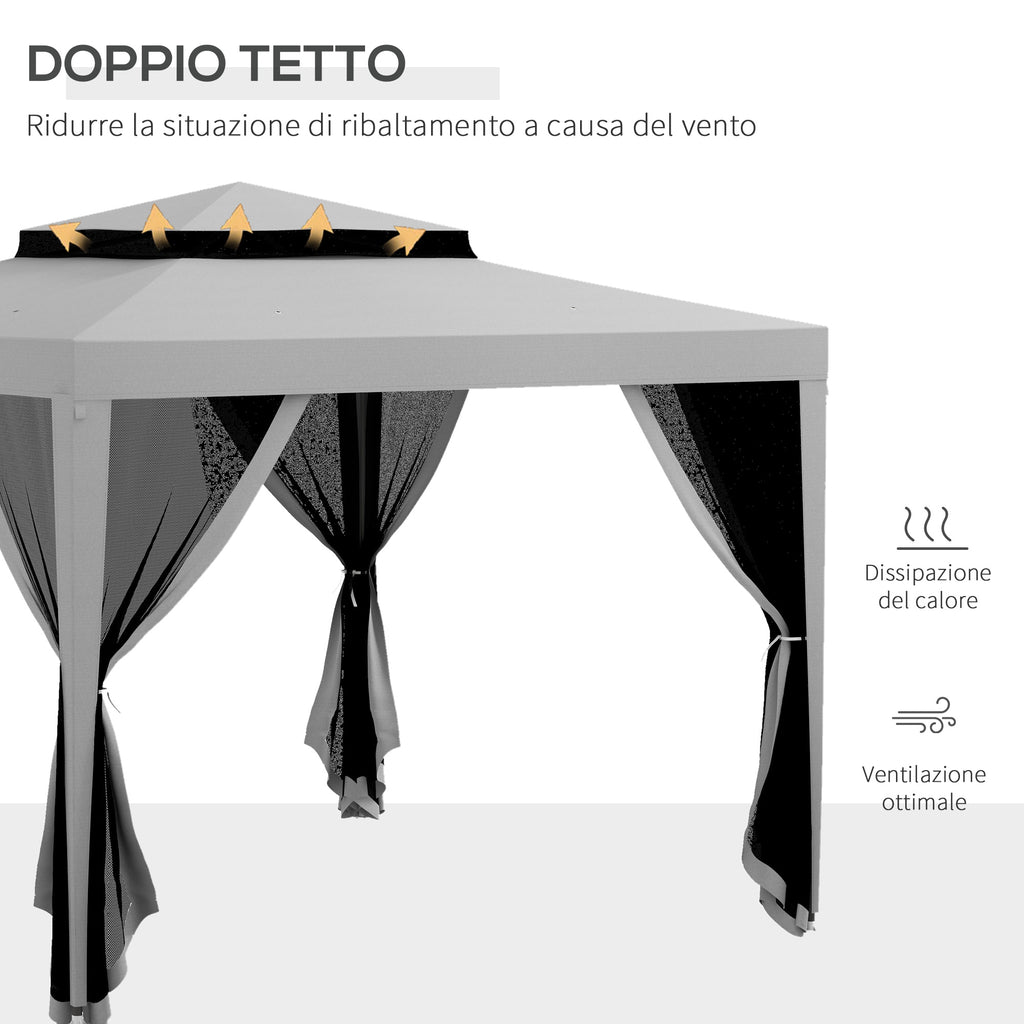 Outsunny 3x3 m Garden Gazebo with Mosquito Net, Double Roof and 8 Holes, in Steel and Polyester, Grey
