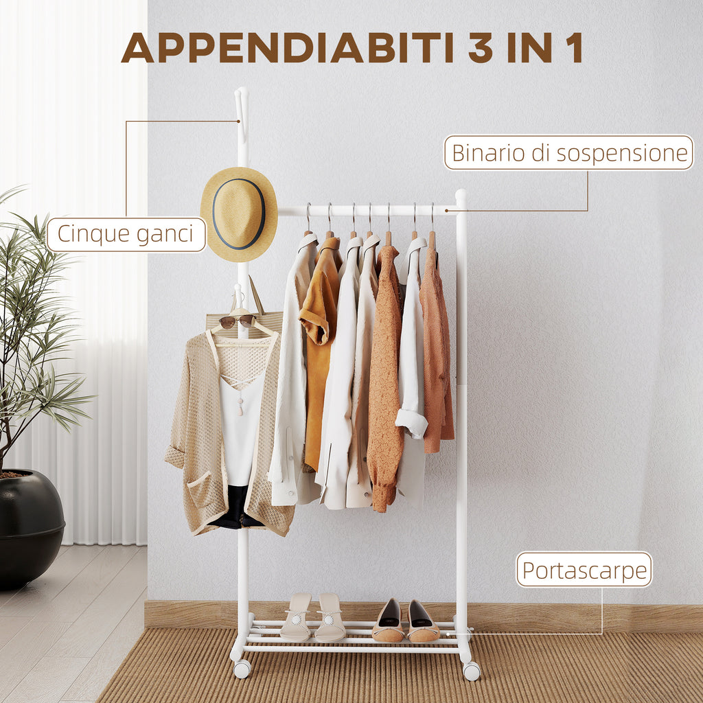 Freestanding Coat Rack with Wheels, 5 Hooks and Lower Shoe Shelf, White