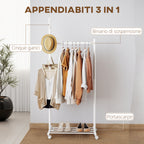 Freestanding Coat Rack with Wheels, 5 Hooks and Lower Shoe Shelf, White