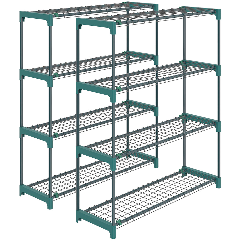 Outsunny Set of 2 4-Tier Steel Plant Shelves with Hooks, 90x28x104 cm, Green